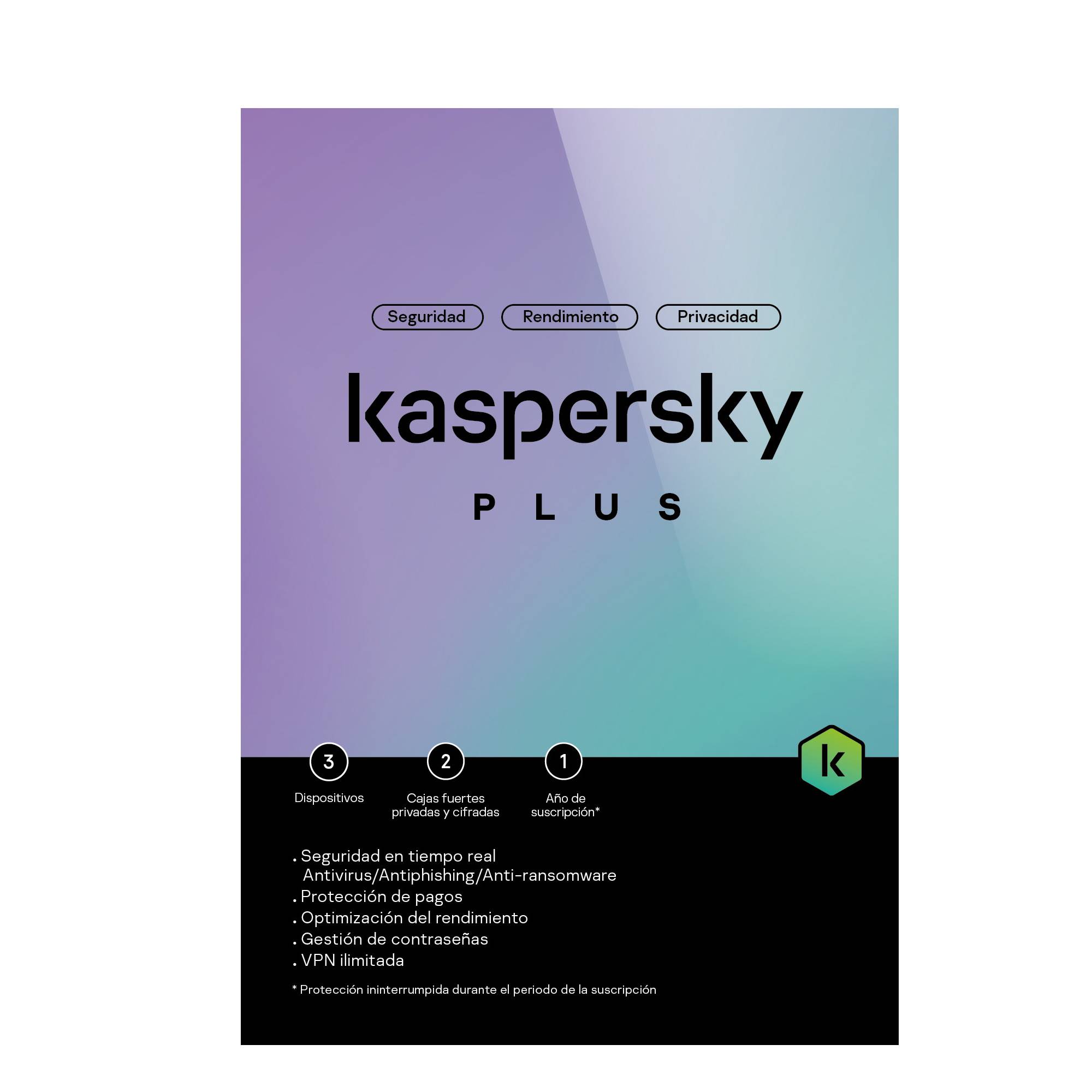 Antivirus Kaspersky Plus 3 dispositivos, 2 cuentas, 1 Año