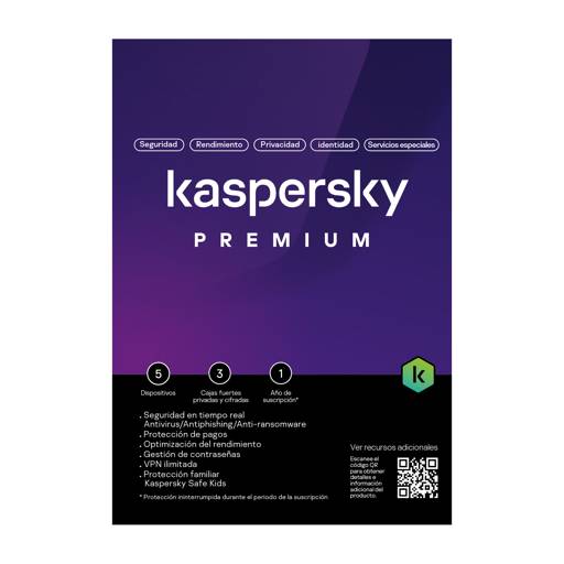 Kaspersky Premium + Customer Support 5 Dispositivos, 3 Cuentas, 1 Año, Digital, LATAM